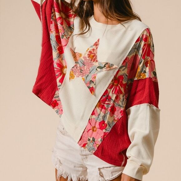 ◇ BiBi Graphic Star Patch Baggy Shirt ColorBlock Detail - Picture 14 of 15